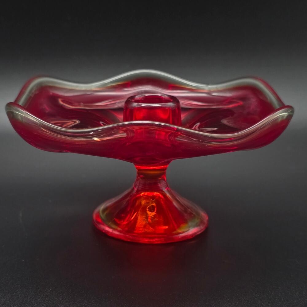 Viking Glass Amberina Candle Stick Holder Epic Six Petal Footed Vintage